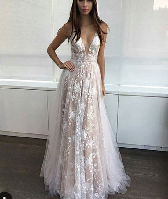 Custom Made V-Neck Lace Long Prom Dresses, Wedding Dresses, Lace Evening Dresses