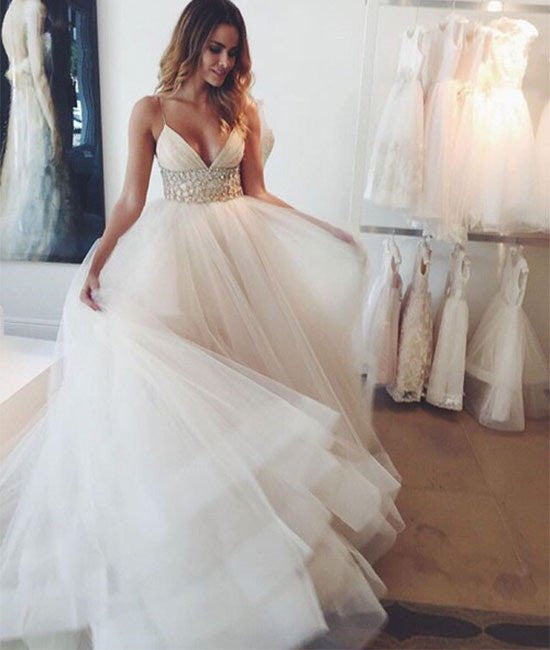 white fancy dresses Custom Made V Neck Straps Beaded White Prom Dresses, White Formal Dres – abcprom