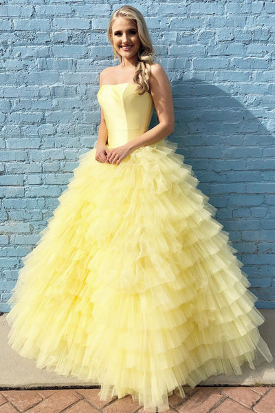 Custom Made Yellow Strapless Tiered Floor Length Ball Gown Long Prom Dresses, Yellow Formal Dresses, Evening Dresses 2019