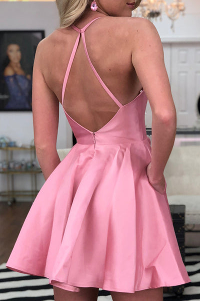 Cute Backless Pink Short Prom Homecoming Dress with Pocket, Backless Pink Formal Graduation Evening Dress A1283