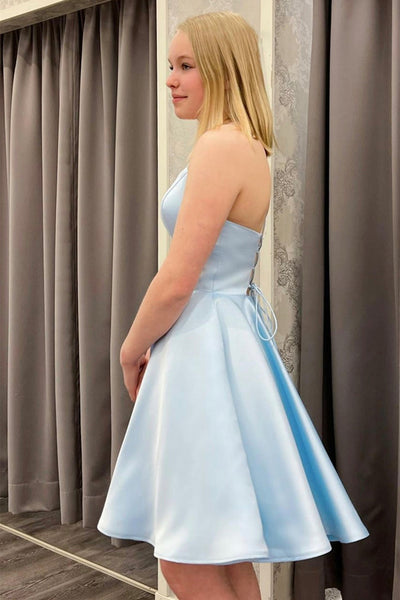 Cute Backless Short Light Blue Satin Prom Homecoming Dress, Open Back Light Blue Formal Graduation Evening Dress A1597