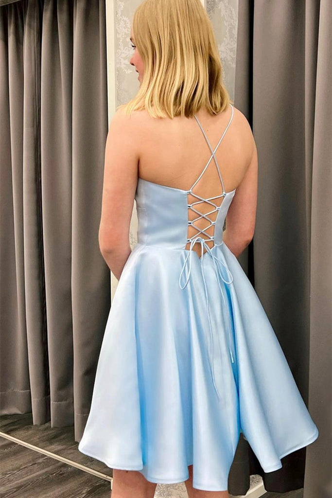 Cute Backless Short Light Blue Satin Prom Homecoming Dress, Open Back abcprom Cute Backless Short Light Blue Satin Prom Homecoming Dress, Open Back abcprom