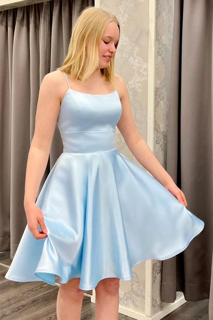 Cute Backless Short Light Blue Satin Prom Homecoming Dress, Open Back Light Blue Formal Graduation Evening Dress A1597