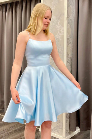 Cute Backless Short Light Blue Satin Prom Homecoming Dress, Open Back Light Blue Formal Graduation Evening Dress A1597