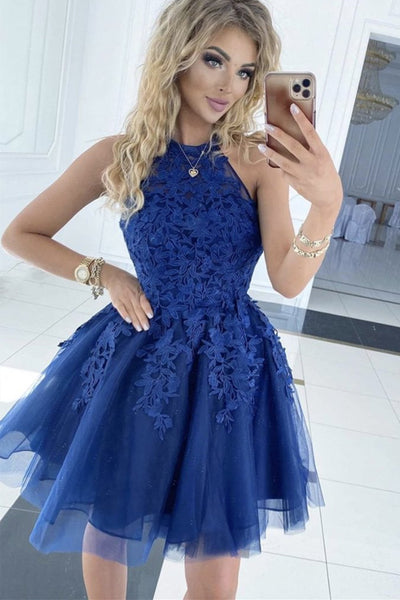 Cute Blue Lace Short Prom Dress, Blue Lace Homecoming Dress, Short Blue Formal Evening Dress