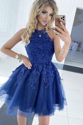 Cute Blue Lace Short Prom Dress Blue Lace Homecoming Dress Short Blu abcprom