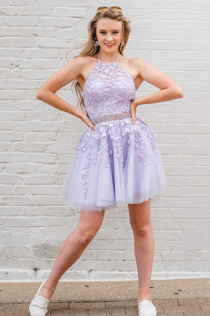 Cute Halter Neck Short Purple Lace Prom Dress, Purple Lace Formal Grad – abcprom Cute Halter Neck Short Purple Lace Prom Dress, Purple Lace Formal Grad – abcprom