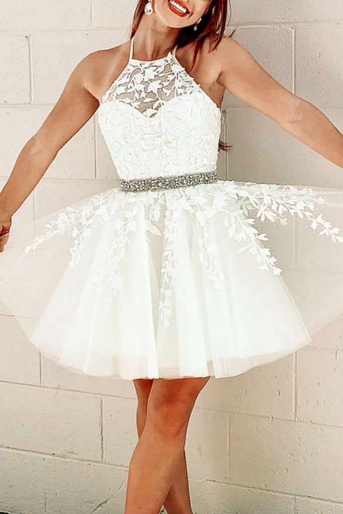Cute Halter Neck White Lace Short Prom Dress with Belt, White Lace