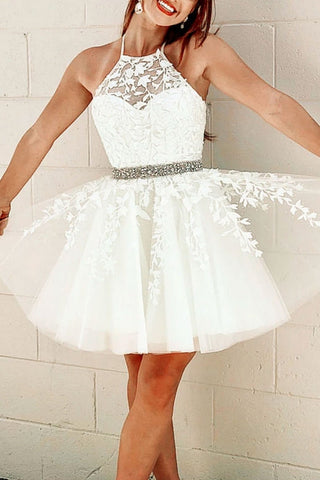 Cute Halter Neck White Lace Short Prom Dress with Belt, White Lace Formal Graduation Homecoming Dress