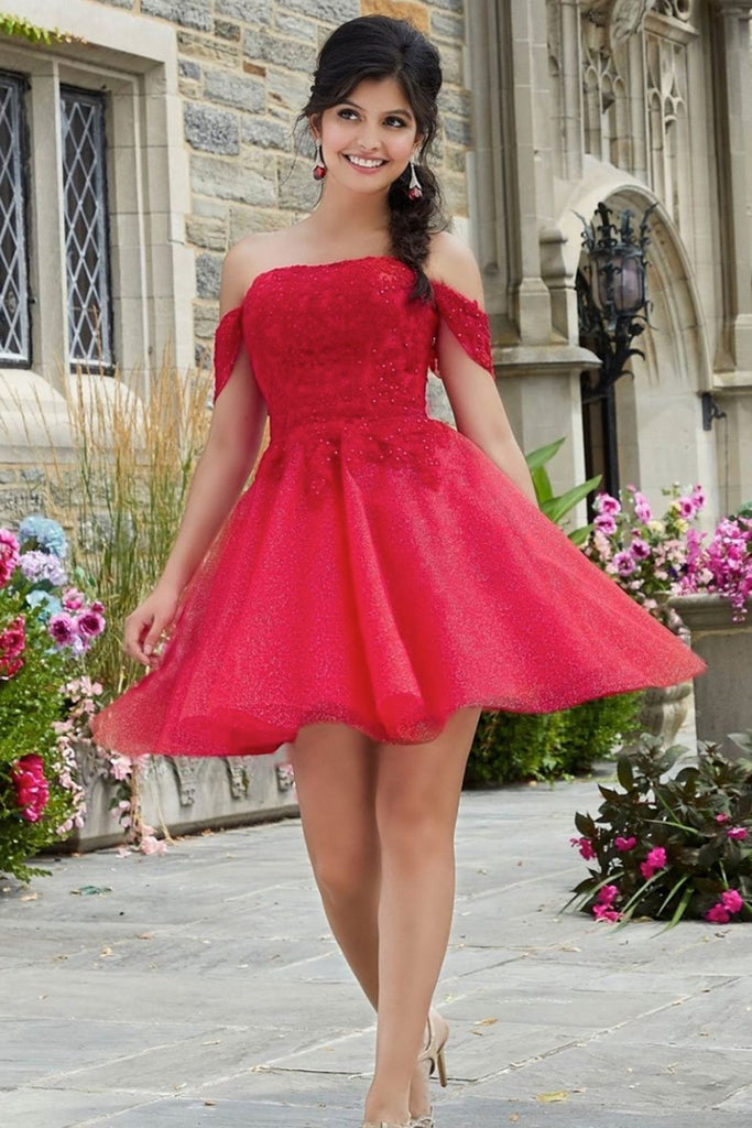 Cute Off Shoulder Red Lace Short Prom Dress, Red Lace Formal Graduation Homecoming Dress