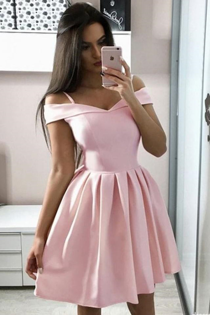 Cute Off the Shoulder Pink Short Prom Dress, Off Shoulder Pink Homecoming Dress, Pink Formal Evening Dress