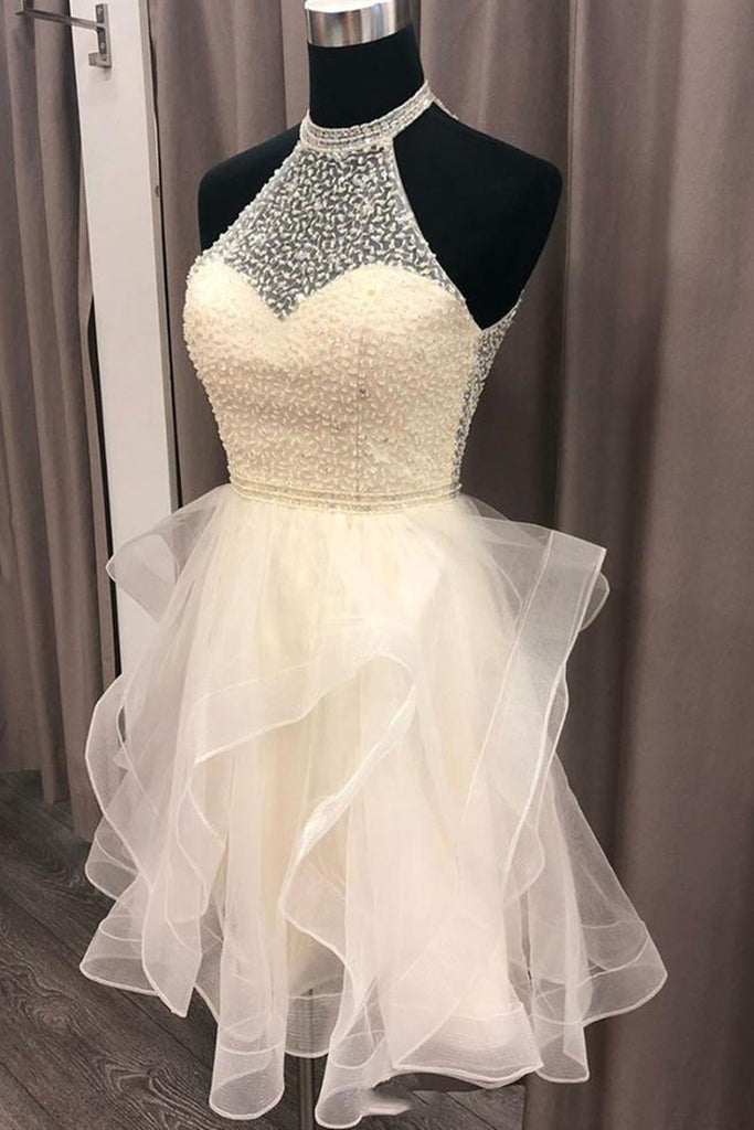 Cute Open Back Champagne Beaded Short Prom Dress, Fluffy Champagne Bea –  abcprom