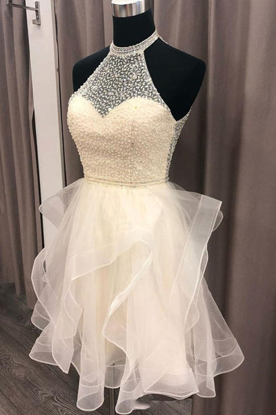 Cute Open Back Champagne Beaded Short Prom Dress, Fluffy Champagne Beaded Homecoming Dress, Short Champagne Formal Evening Dress