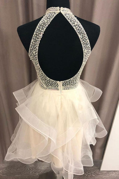 Cute Open Back Champagne Beaded Short Prom Dress, Fluffy Champagne Beaded Homecoming Dress, Short Champagne Formal Evening Dress