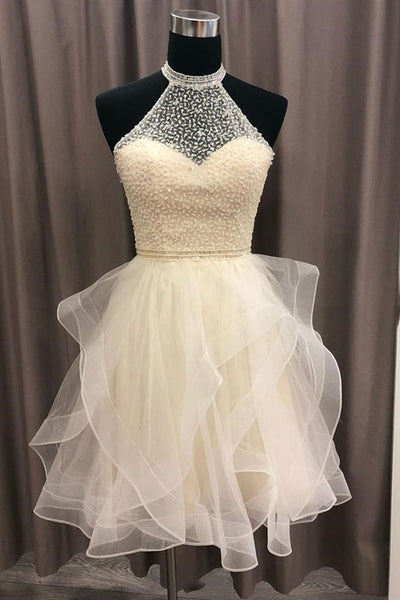 Cute Open Back Champagne Beaded Short Prom Dress, Fluffy Champagne Beaded Homecoming Dress, Short Champagne Formal Evening Dress