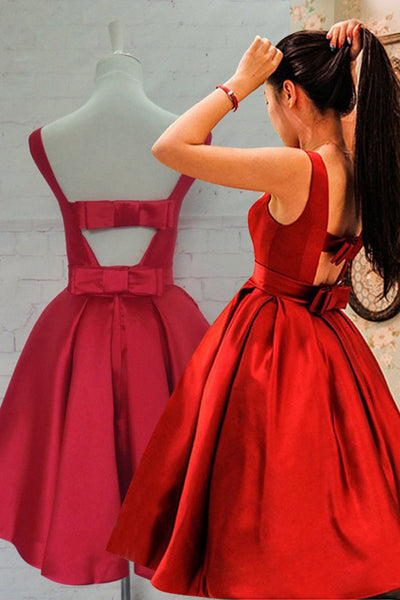 Cute Open Back Knee Length Red Prom Dress, Knee Length Red Homecoming Dress, Short Red Formal Evening Dress