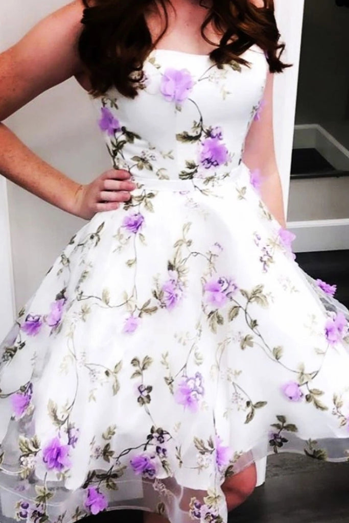 Cute Purple Lace Appliques White Short Prom Dress Homecoming Dress, White Lace Formal Graduation Evening Dress Cute Purple Lace Appliques White Short Prom Dress Homecoming Dress, White Lace Formal Graduation Evening Dress