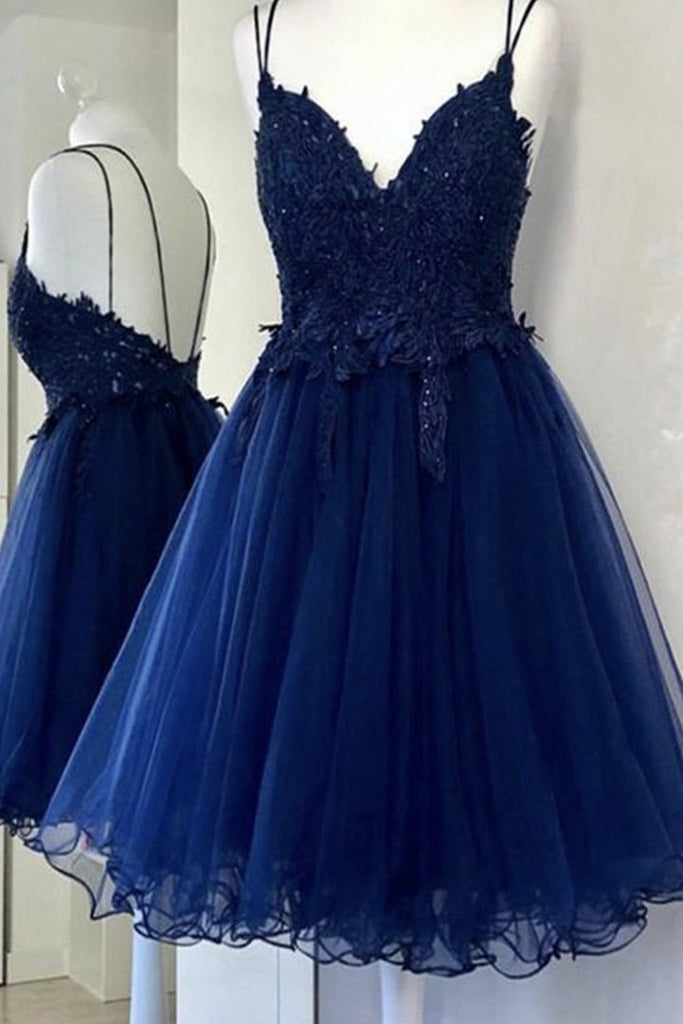 Cute V Neck Backless Blue Lace Short Prom Dresses, Blue Lace Homecoming Dresses, Blue Formal Evening Dresses A1265