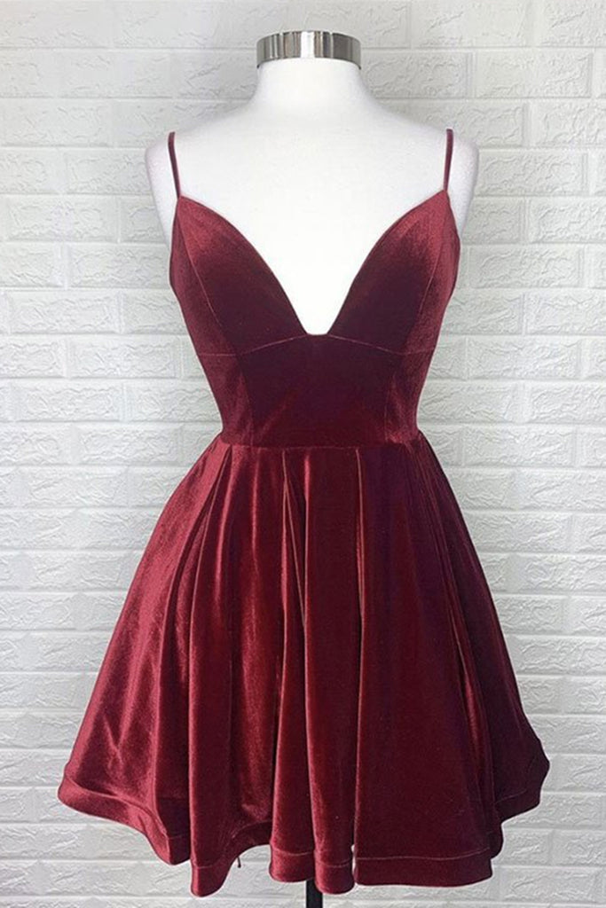 Cute V Neck Backless Burgundy Velvet Short Prom Homecoming Dress, Back abcprom Cute V Neck Backless Burgundy Velvet Short Prom Homecoming Dress, Back abcprom