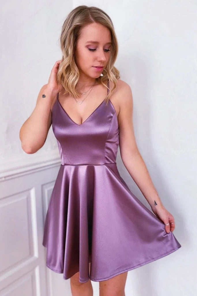 Cute V Neck Backless Purple Short Prom Dress Homecoming Dress, Backless Purple Formal Graduation Evening Dress, Cocktail Dress
