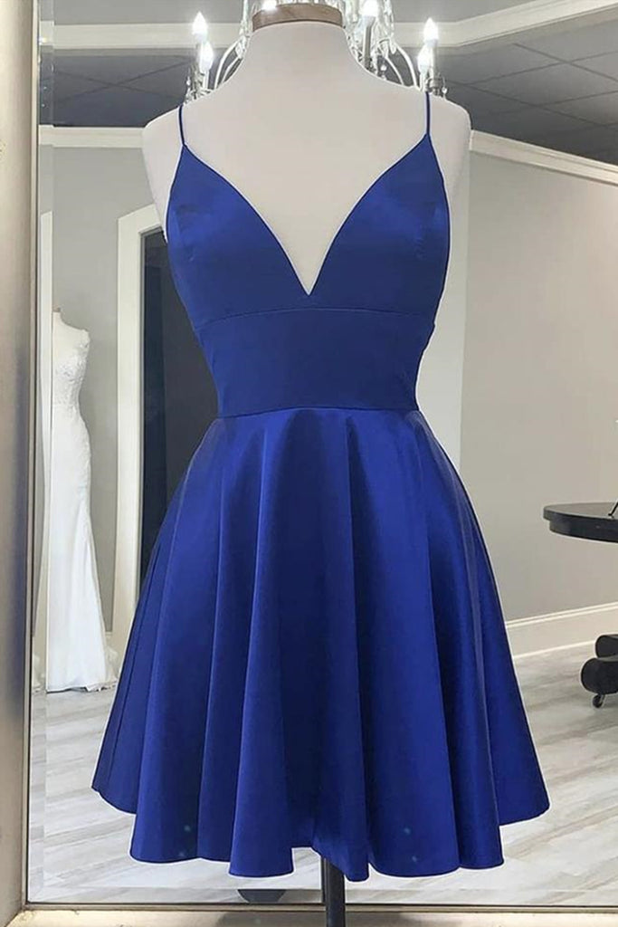 Cute V Neck Backless Short Royal Blue Prom Dress with Straps, Backless abcprom Cute V Neck Backless Short Royal Blue Prom Dress with Straps, Backless abcprom
