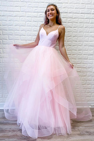 Cute V Neck Fluffy Pink Long Prom Dress, Pink Formal Graduation Evening Dress, Fluffy Ball Gown