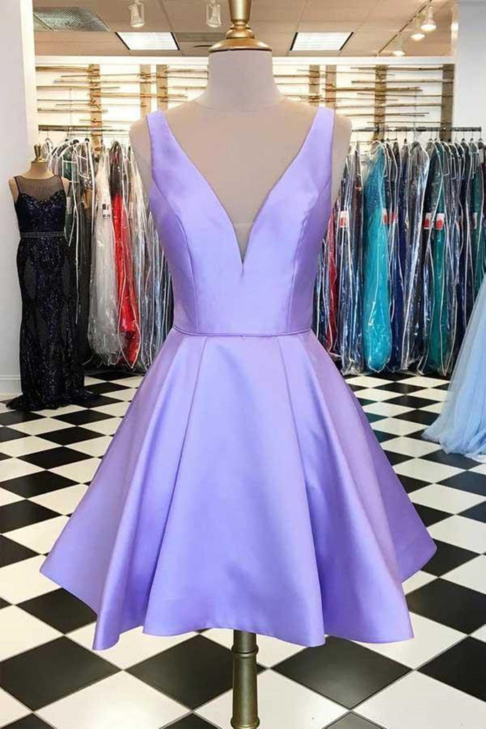 Cute V Neck Lavender/Red/Blue Satin Short Prom Dress, V Neck Lavender/ abcprom Cute V Neck Lavender/Red/Blue Satin Short Prom Dress, V Neck Lavender/ abcprom