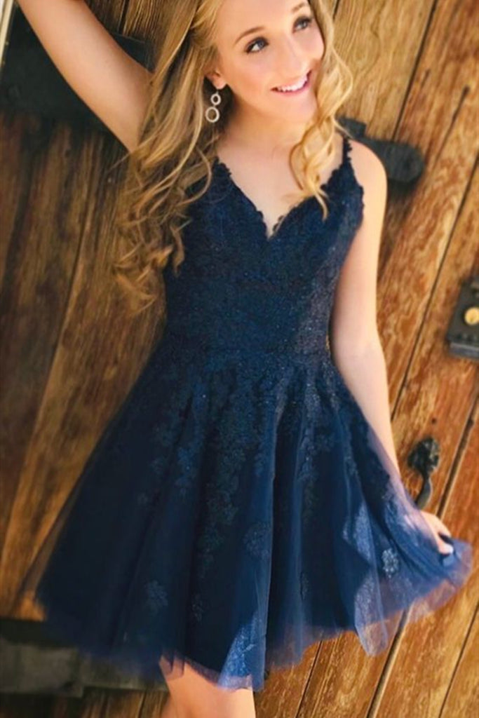 Cute V Neck Navy Blue Lace Short Prom Homecoming Dresses, Short Navy B abcprom Cute V Neck Navy Blue Lace Short Prom Homecoming Dresses, Short Navy B abcprom