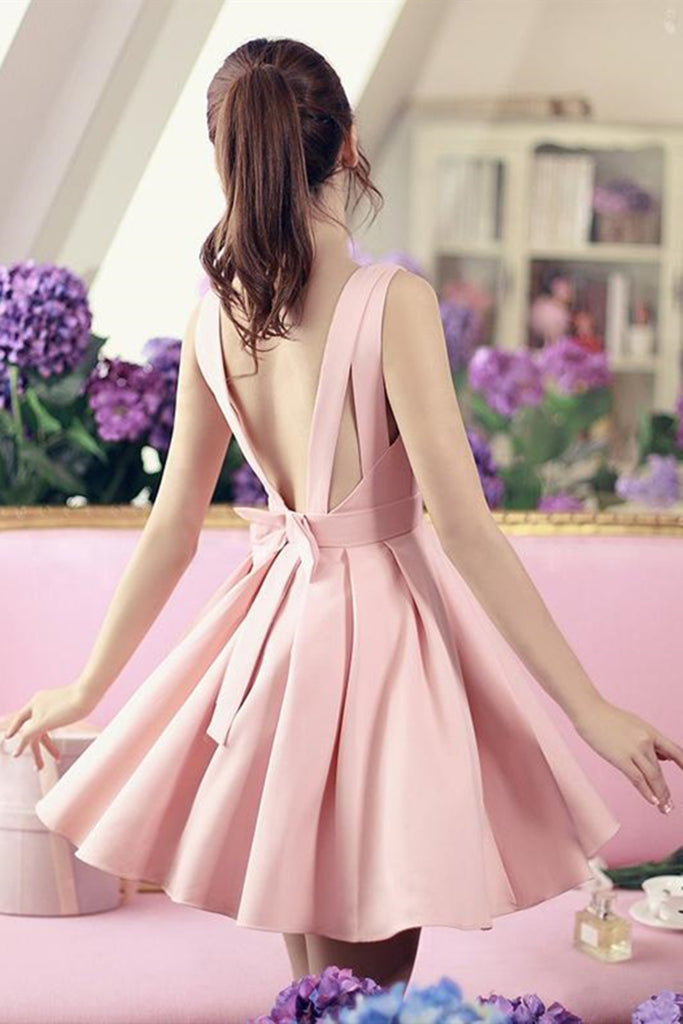 Cute V Neck Open Back Pink Satin Short Prom Homecoming Dress, V Neck Pink Formal Graduation Evening Dress