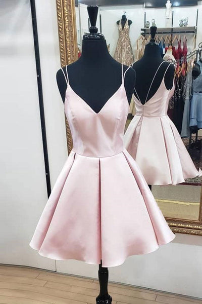Cute V Neck Open Back Pink Short Prom Dress, Backless Pink Homecoming Dress, Short Pink Formal Evening Dress