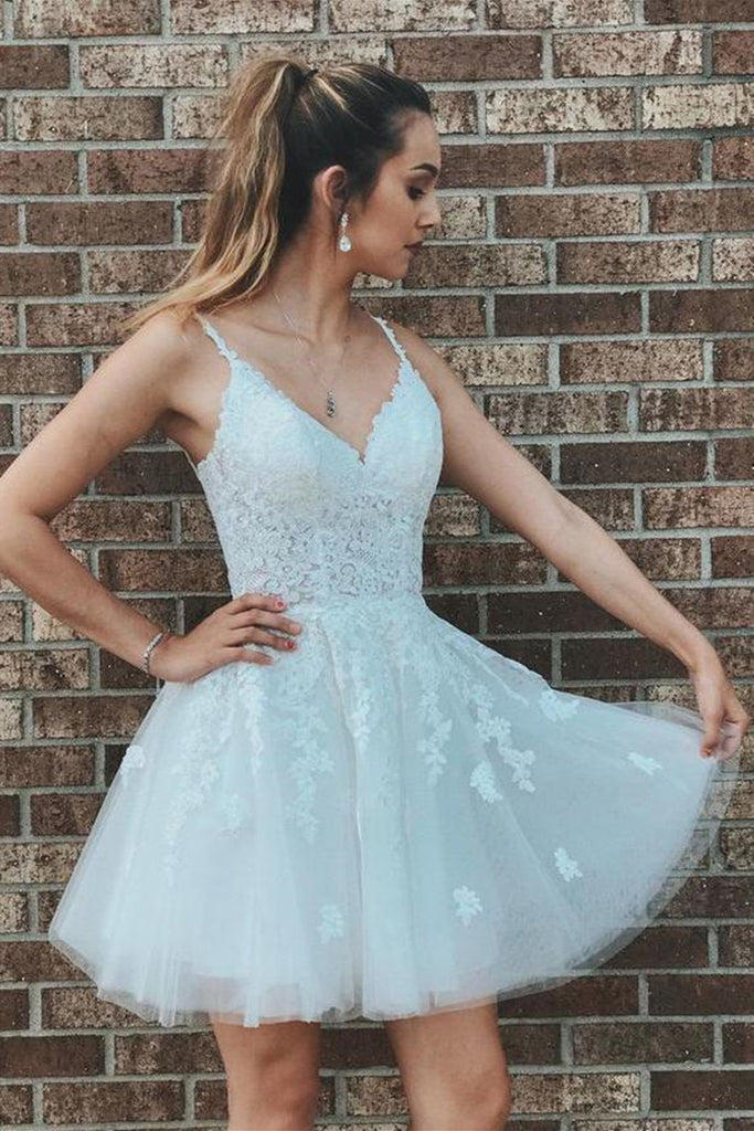 Cute V Neck Open Back White Lace Short Prom Dress, White Lace Homecomi abcprom Cute V Neck Open Back White Lace Short Prom Dress, White Lace Homecomi abcprom