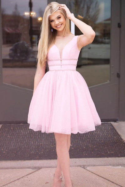 Cute V Neck Pink Short Prom Dress with Belt, V Neck Pink Homecoming Dress, Pink Formal Evening Dress A1292