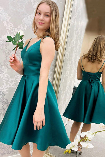 Cute V Neck Short Green Satin Prom Dress Homecoming Dress, V Neck Green Formal Graduation Evening Dress A1596