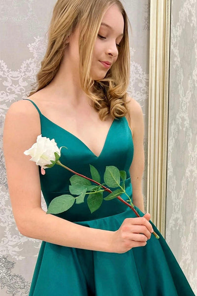 Cute V Neck Short Green Satin Prom Dress Homecoming Dress, V Neck Green Formal Graduation Evening Dress A1596