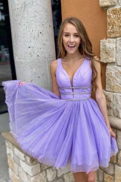 Cute V Neck Short Purple Prom Dress with Belt, V Neck Purple Homecoming Dress, Purple Formal Evening Dress