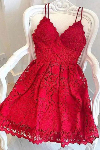 Cute V Neck Short Red Lace Prom Dress with Straps, Short Red Lace Formal Graduation Homecoming Dress, Red Cocktail Dress