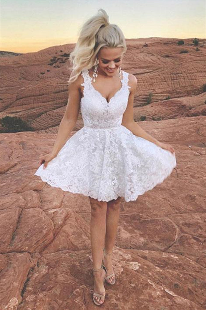 Cute V Neck Short White Lace Prom Homecoming Dress, White Lace Formal abcprom Cute V Neck Short White Lace Prom Homecoming Dress, White Lace Formal abcprom