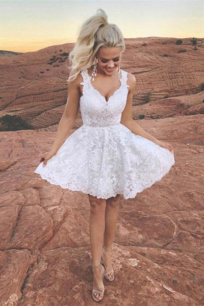 Cute V Neck Short White Lace Prom Homecoming Dress, White Lace Formal Dress, White Graduation Dress