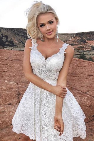 Cute V Neck Short White Lace Prom Homecoming Dress, White Lace Formal Dress, White Graduation Dress