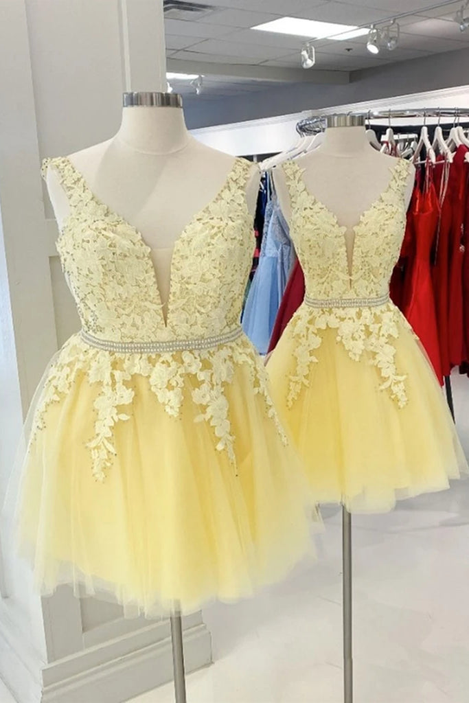 Cute V Neck Yellow Lace Short Prom Dress with Belt, Yellow Lace Homeco abcprom Cute V Neck Yellow Lace Short Prom Dress with Belt, Yellow Lace Homeco abcprom