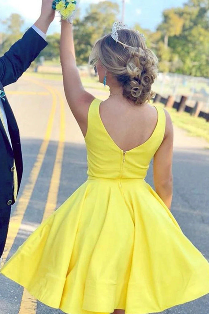 Cute V Neck Yellow Short Prom Dress, V Back Yellow Homecoming Dress, S abcprom Cute V Neck Yellow Short Prom Dress, V Back Yellow Homecoming Dress, S abcprom