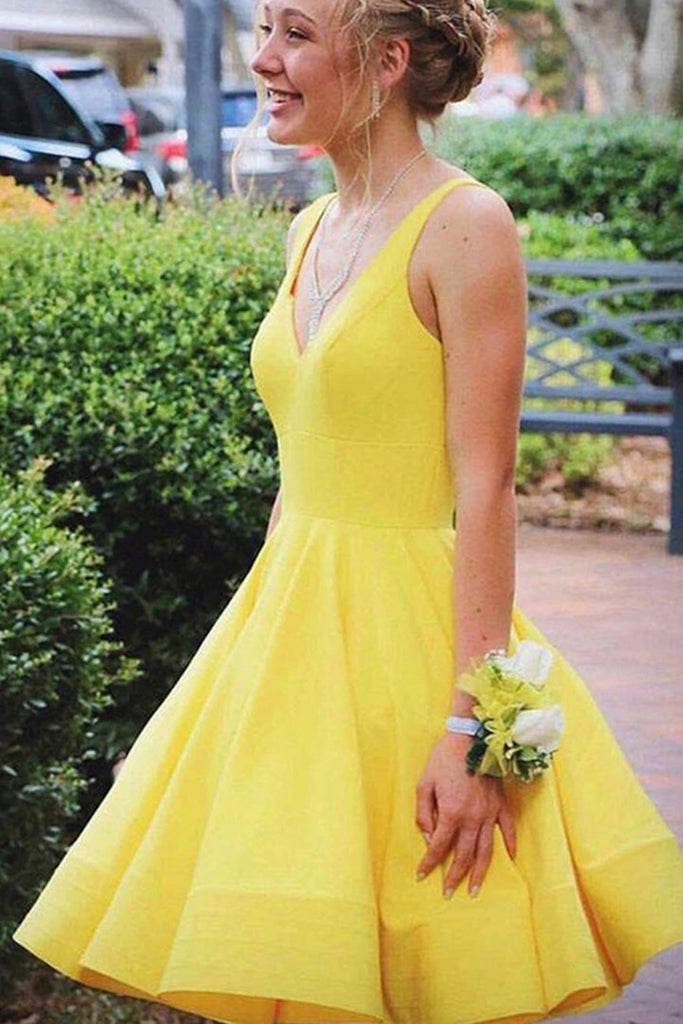 Cute V Neck Yellow Short Prom Dress, V Back Yellow Homecoming Dress, S abcprom Cute V Neck Yellow Short Prom Dress, V Back Yellow Homecoming Dress, S abcprom