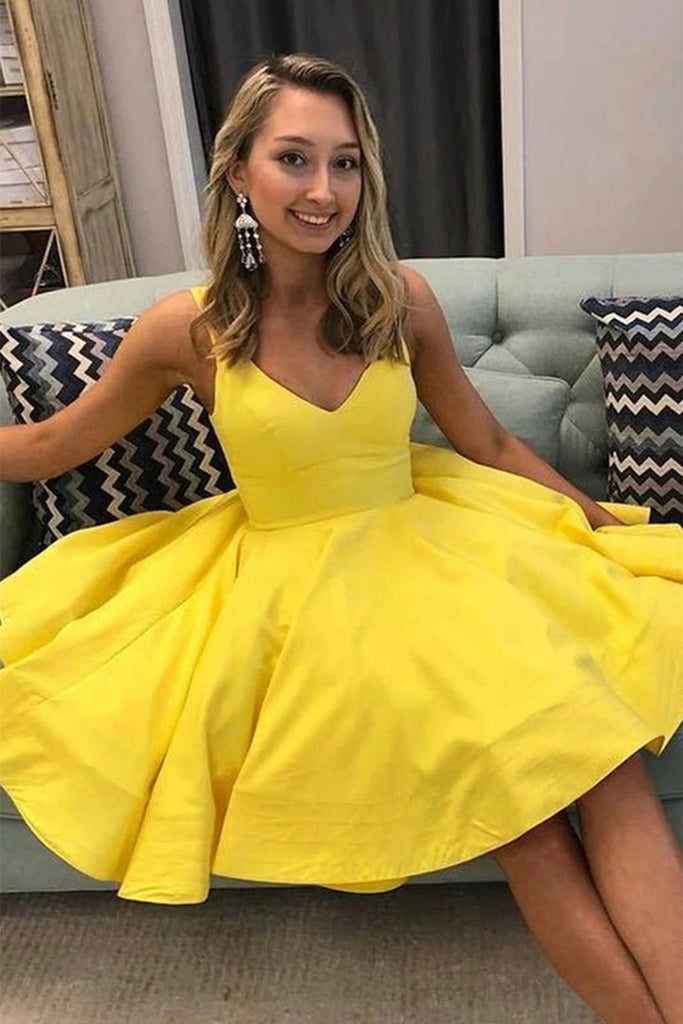Cute V Neck Yellow Short Prom Dress, V Back Yellow Homecoming Dress, S abcprom Cute V Neck Yellow Short Prom Dress, V Back Yellow Homecoming Dress, S abcprom