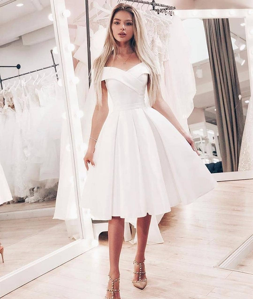 Cute A Line Off Shoulder Short White Prom Dresses, Off Shoulder White Homecoming Dresses, White Short Formal Graduation Evening Dresses Cute A Line Off Shoulder Short White Prom Dresses, Off Shoulder White Homecoming Dresses, White Short Formal Graduation Evening Dresses