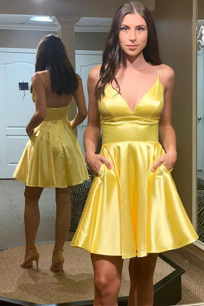 Cute A Line V Neck Backless Yellow Short Prom Dress Homecoming Dress w abcprom Cute A Line V Neck Backless Yellow Short Prom Dress Homecoming Dress w abcprom