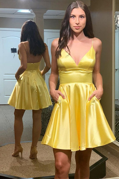 Cute A Line V Neck Backless Yellow Short Prom Dress Homecoming Dress with Pocket, Backless Yellow Formal Graduation Evening Dress