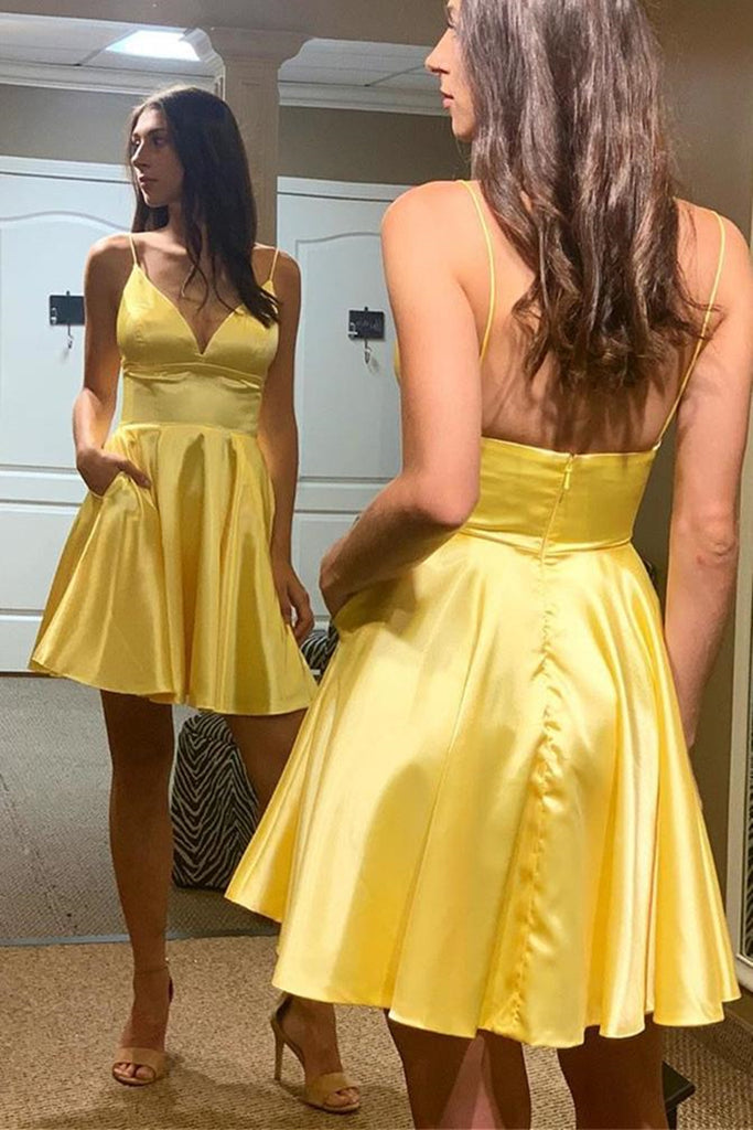 A-Line V-Neck Backless Yellow and Royal Blue Short Prom Dress Homecoming