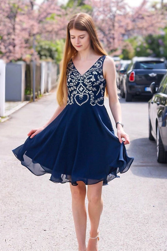 Cute A Line V Neck Beaded Navy Blue Short Prom Dresses Homecoming Dres abcprom Cute A Line V Neck Beaded Navy Blue Short Prom Dresses Homecoming Dres abcprom
