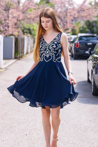 Cute A Line V Neck Beaded Navy Blue Short Prom Dresses Homecoming Dres abcprom Cute A Line V Neck Beaded Navy Blue Short Prom Dresses Homecoming Dres abcprom