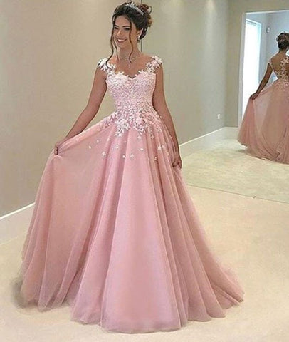 Cute Applique Lace Pink Prom Dresses, Pink Formal Dresses, Pink Evening Dresses